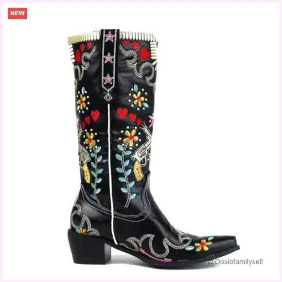 Women's Embroidered Western Knee High Boots, Chunky Low Heel, Wide Calf - Picture 6 of 7